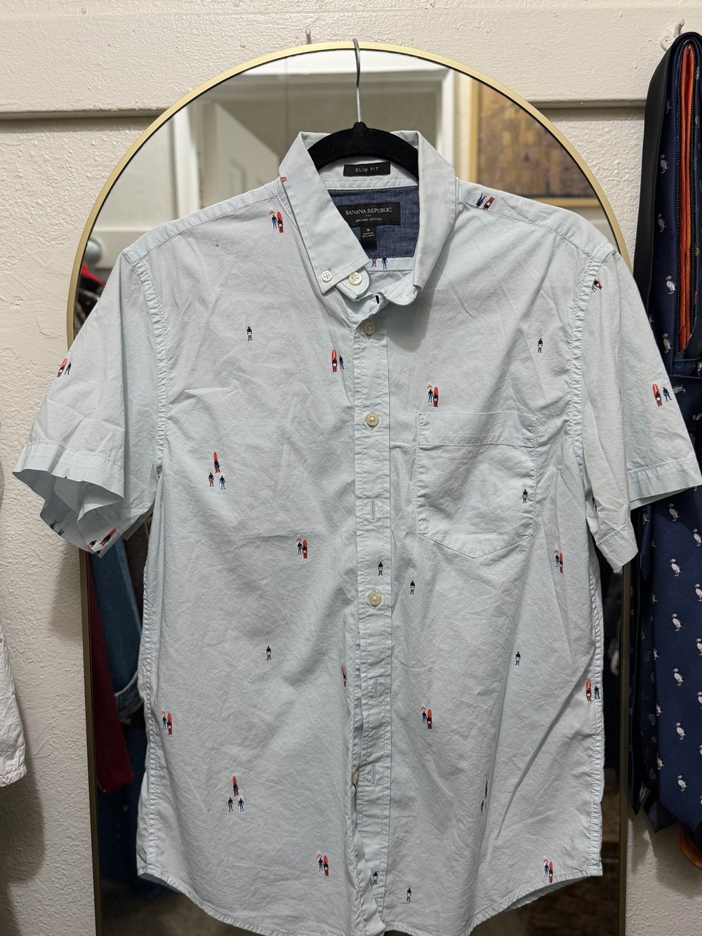 Banana Republic Pale Blue Short-Sleeve Button-Down with Mini Embroidery